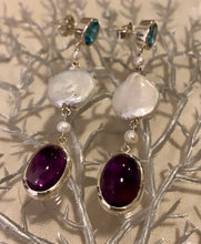 Load image into Gallery viewer, Blue Topaz, Pearl &amp; Amethyst Earrings
